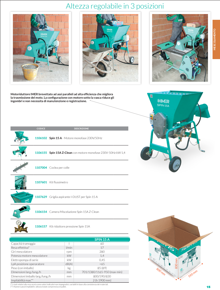 Imer SPIN 15 A Scheda tecnica